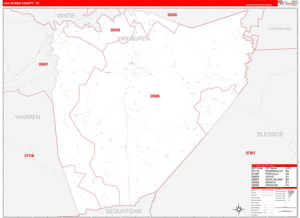 Van Buren County, TN Wall Map Red Line Style